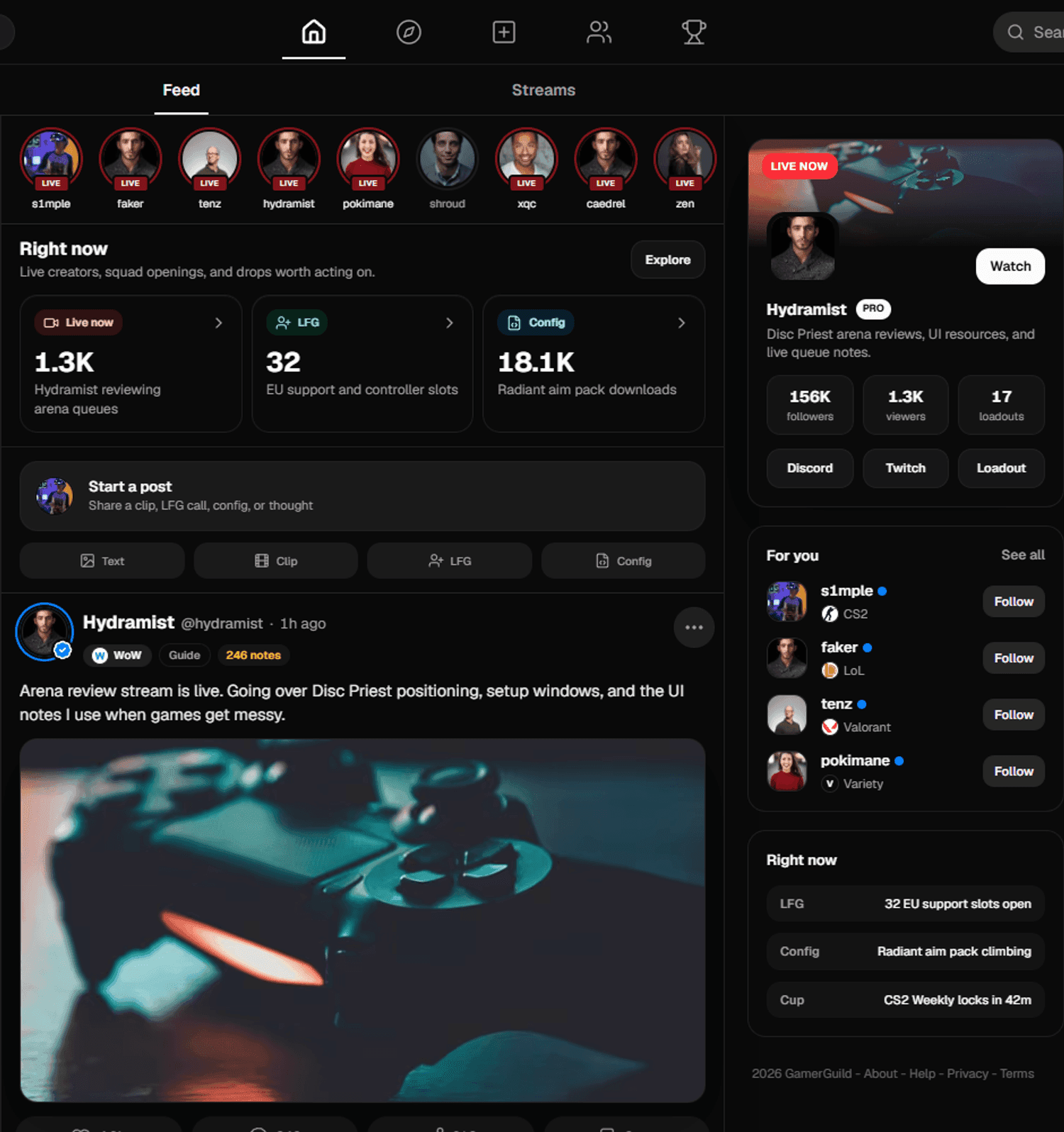 GamerGuild feed with live creator stories, LFG, config drops, and posts