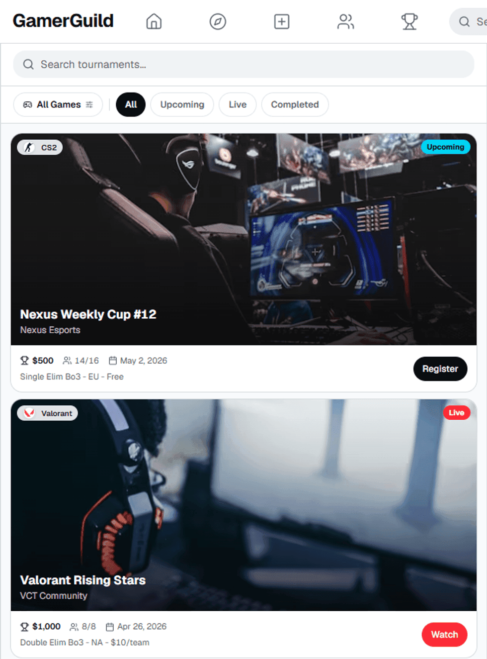 Tournaments screenshot from GamerGuild
